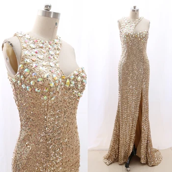 

MACloth Gold Sheath O Neck Floor-Length Long Crystal Tulle Prom Dresses Dress M 268623 Clearance