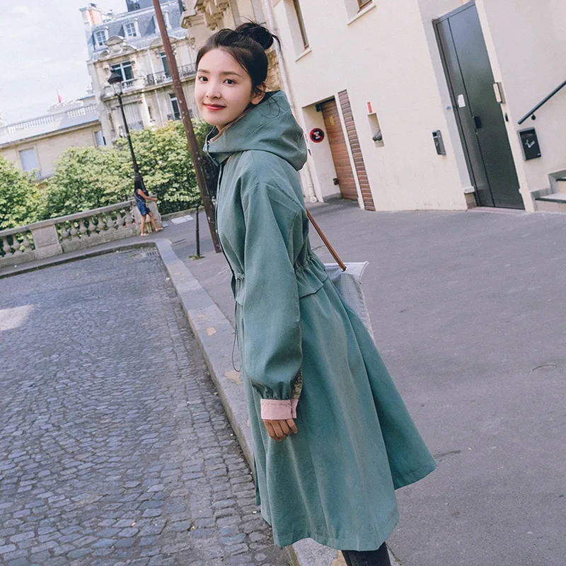 

Green Trench Coat Women's Mid-length Spring And Autumn 2019 New Korean Drawstring Waist Hugging Hooded over-the-Knee CHIC Workwe