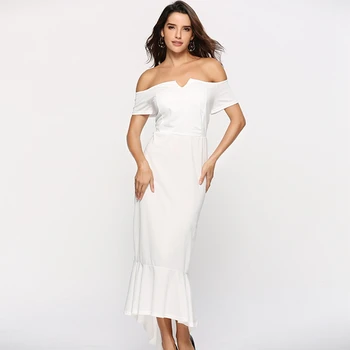 

White Sexy Slash Neck Midi Women Slim Party Dress Slip Summer Off the shoulder Ruffles Dresses vestidos