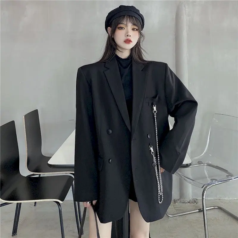 special occasion pant suits New Suit Jacket Women's Trendy Dark Black Retro Loose And Thin Fried Street Suit Jacket Women 2022 Spring And Autumn Loose A plus size dressy pant suits