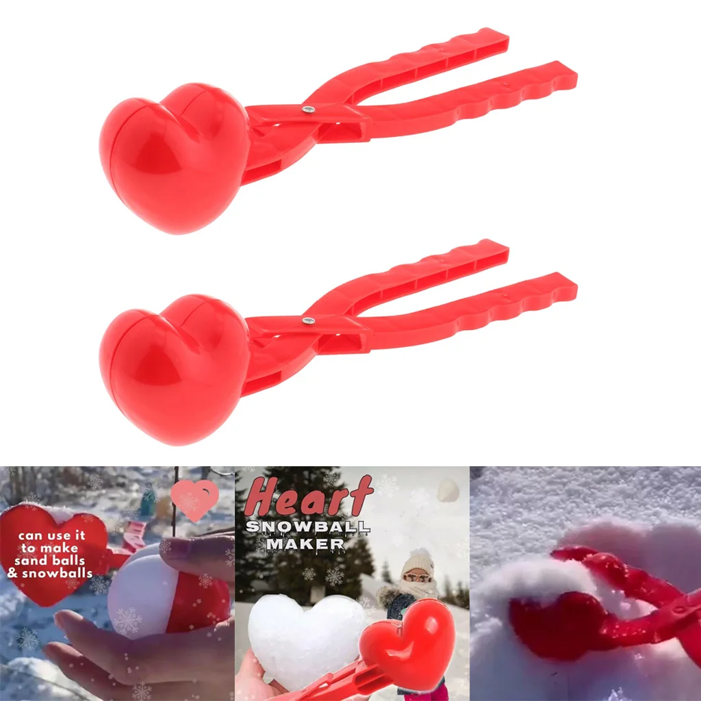2pcs Herat Shape Snowball Clamp Clip with Handle Plastic Snowball Maker Clip Children Outdoor Winter Snow Sand Ball Mold Tools