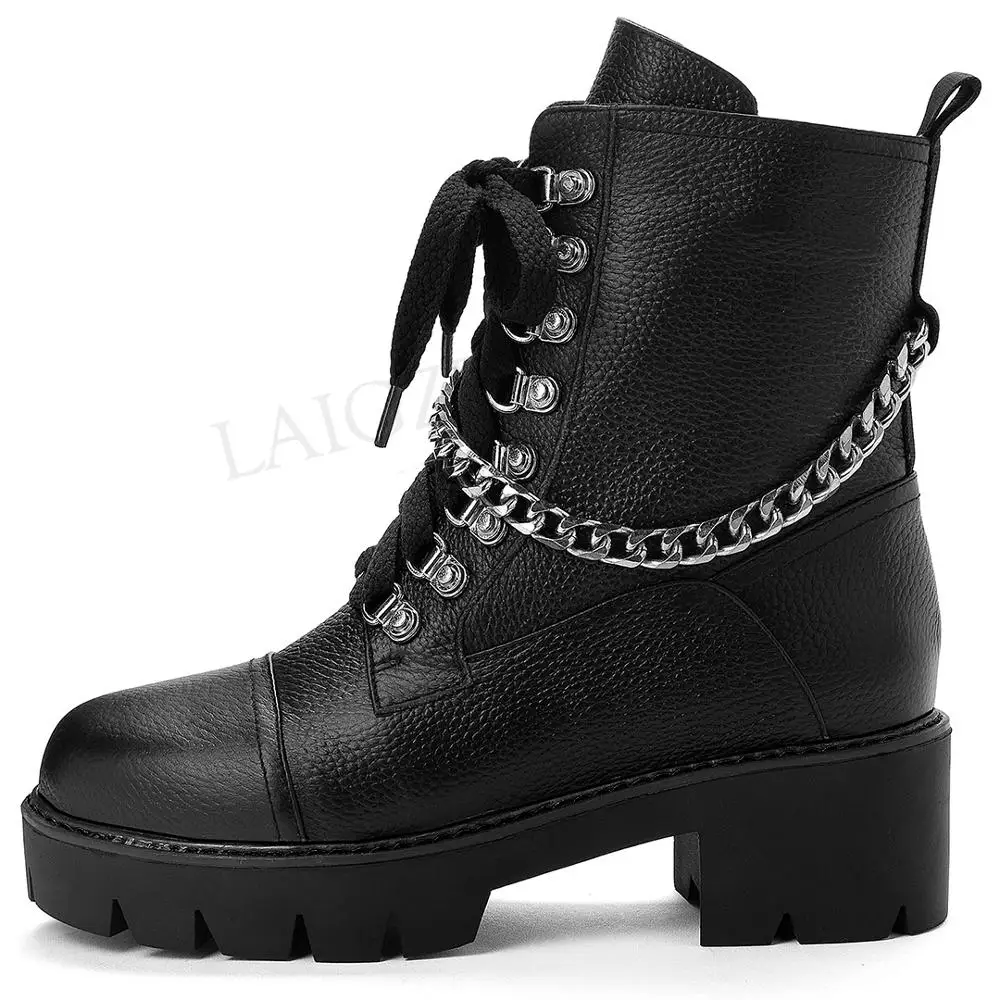 

LAIGZEM LEATHER Women Ankle Boots Metal Chain Chunky Heel Motorcycle Punk Boots Outdoor Winter Shoes Botas Mujer Large Size 43
