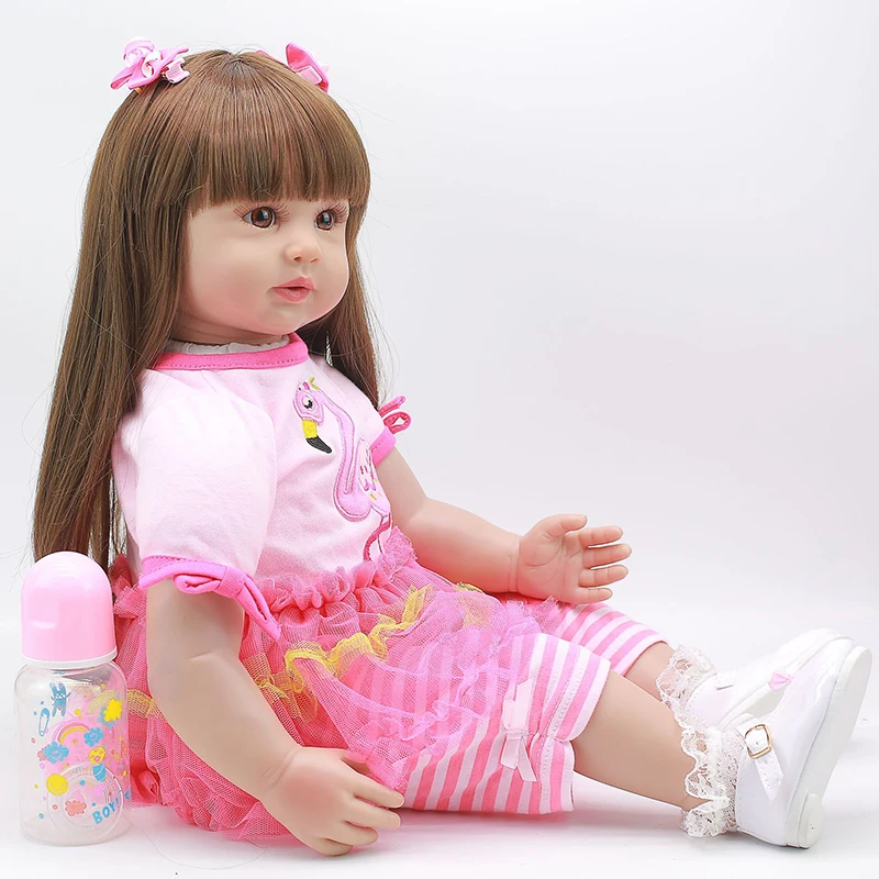 60 см Reborn Baby Doll игрушка мягкий силиконовый милый розовый платье ткань тела длинные волосы Реалистичная новорожденная Кукла Малыш Дети Подарки