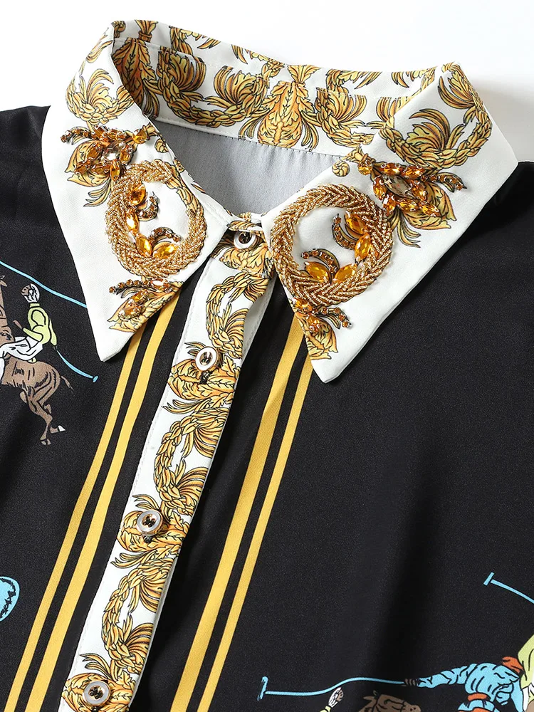 10.5 High quality Autumn New diamonds beading Turn-down collar long sleeve blouses Package Hip asymmetrical skirt print suit
