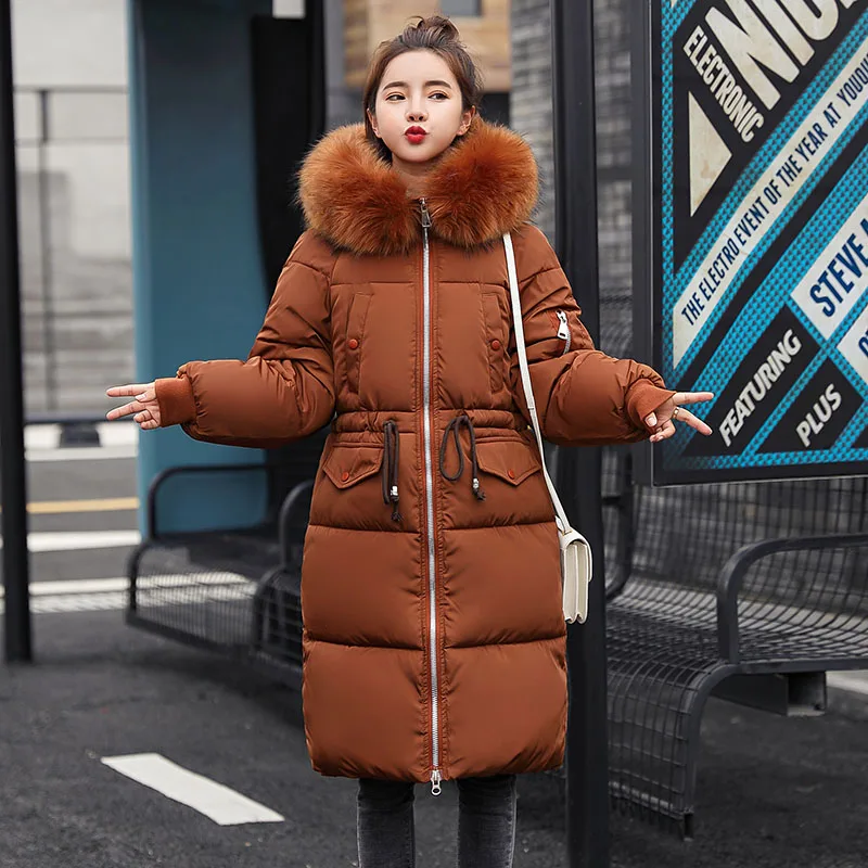 30 градусов зимние женские куртки большой меховой воротник толстые теплые длинные парки пальто Твердые свободные с капюшоном пуховики размера плюс парка - Цвет: brown