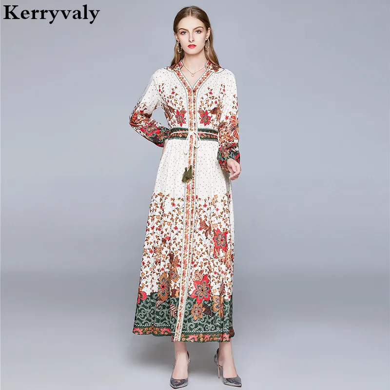 

Australia Luxury Summer Retro V-neck Floral Long Sleeve High Waist Long Party Women Maxi Dress Vestido Longo Robe Pull K3777