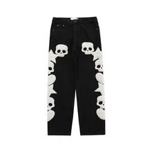 Pantalones vaqueros con bordado de calavera para hombre y mujer, pantalón informal, estilo Hip Hop, moda coreana, 2021