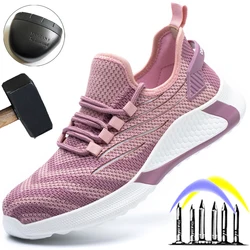 Chaussures de sécurité respirantes pour femmes et hommes, souliers de travail roses, baskets de protection anti perforation unisexes, légères 