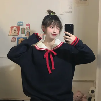 

2020 Autumn New Arrival 3 Color College Wind Navy Collar Loose Bow Tie Long Sleeve Sweater Women Loose Sweater Free Shipping