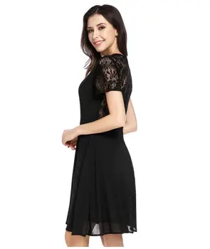 

Summer chiffon knee length one piece dress womens B033 sexy lace short sleeves O neck ladies black white red summer dress