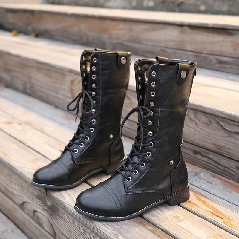BONJOMARISA 35-43 Hot Sale Lady Retro mid-calf Boots Women Spring Fashion Turned Over Edges Boots Low Heel OL Shoes Woman - Цвет: black