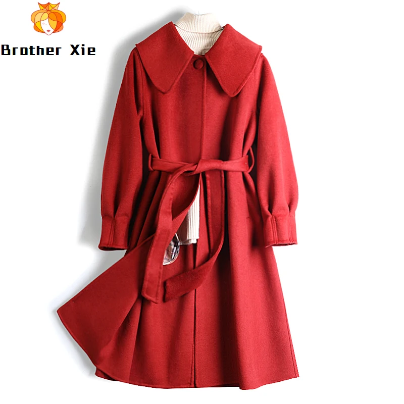 

2020 Autumn Winter New Korean Version Of The Quilted Cashmere Coat Loose Lantern Sleeve Solid Straight Women Red Woolen Coat