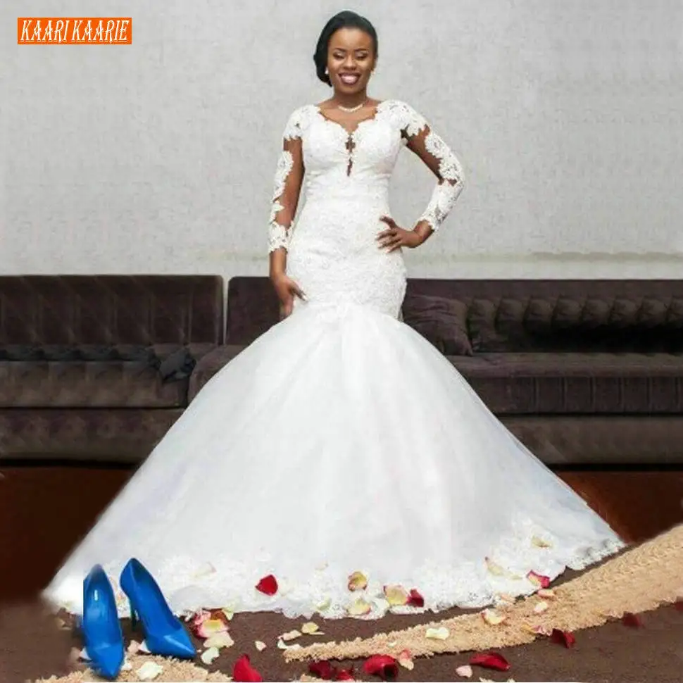 

Sumptuous African Mermaid Wedding Dress Long Sleeves Lace Appliques White Bride Dresses Princess Sweep Train Ivory Wedding Gown