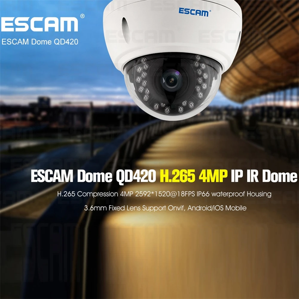 

Outdoor Surveillance Night Vision Security CCTV Camera Android iPhone Escam QD420 Dome IP Camera H.265 4MP 1520P Onvif P2P IR