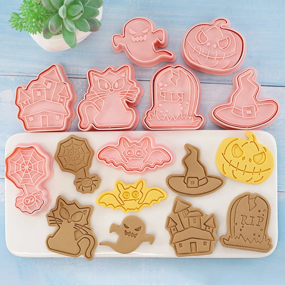 Cortadores de galletas Halloween, moldes de plástico 3d de dibujos animados para cocina, utensilios de cocina para hornear y pasteles, 8 Uds.|Utensilios para galletas| - AliExpress