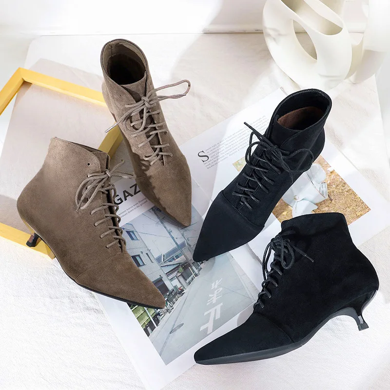 

Stiletto pointed short boots female British style boots children bare boots ankle boots thin small heel boots