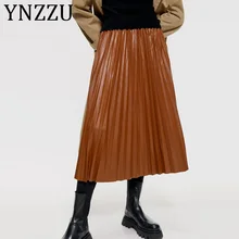 YNZZU Toffee цветная шикарная плиссированная юбка из искусственной кожи для женщин Новинка Осень Зима эластичная талия искусственная кожа юбки длинная уличная одежда AB254