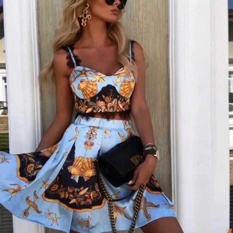 Сексуальная юбка с принтом пейсли, комплект из двух предметов, кружевное платье в стиле пэчворк, элегантные летние пляжные винтажные Короткие вечерние Клубные наряды - Цвет: Синий