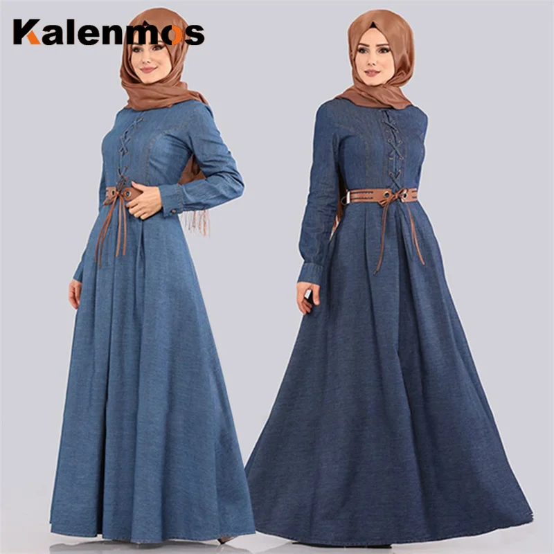 Muslim Denim Dress Women Slim Sash Lace 