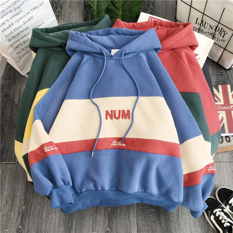 

Harajuku Thick Warm Women Hoodies Autumn Winter Patchwork Contrast Color Velvet Sweatshirts Oversized Hoodie Sudaderas Mujer