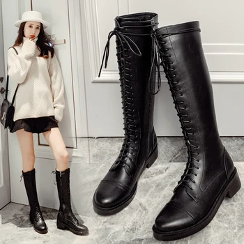 

motorcycle boots Genuine Leather Shoes Woman Newest lace up High Heels Knee High Boots Autumn Winter Party Casual Shoes Woman