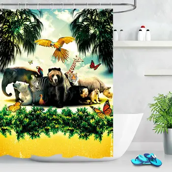 

Jungle Animal Polyester Fabric Shower Curtain Set Bathroom w/12 Hooks