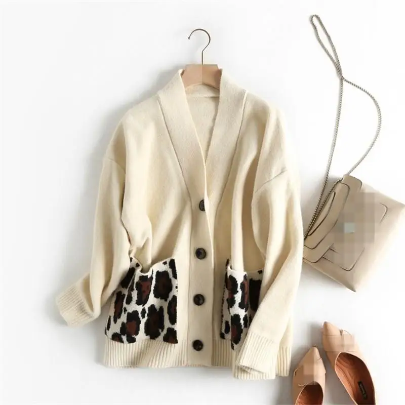 ^*Best Offers Women Autunm Vintage Oversized Knitted Cardigan V-Neck Leopard Pockets Sweater Coat Long Sleeve Lady Top ^*Best Offers Women Autunm Vintage Oversized Knitted Cardigan V-Neck Leopard Pockets Sweater Coat Long Sleeve Lady Top