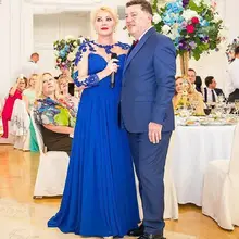 

Wedding Party Guest Mother of the Bride Dress Plus Size Royal Blue Lace Appliques Chiffon Illusion Long Sleeves Sheer Neck
