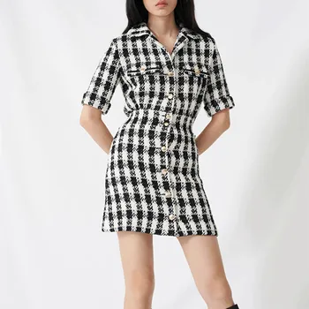 

Women's Plaid Short Sleeve Dress Spring New Turn-down Collar Buttons A-line Mini Dress
