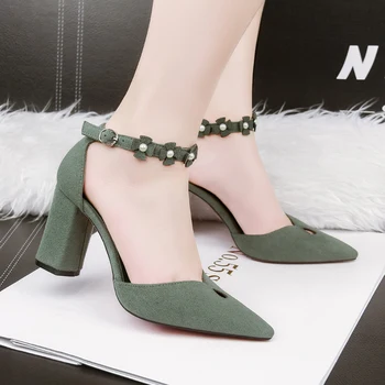 

zapatos de mujer block heel office career shoes woman high heels sexy sapato feminino flower buckle shallow ayakkabi NO.55 Shoes