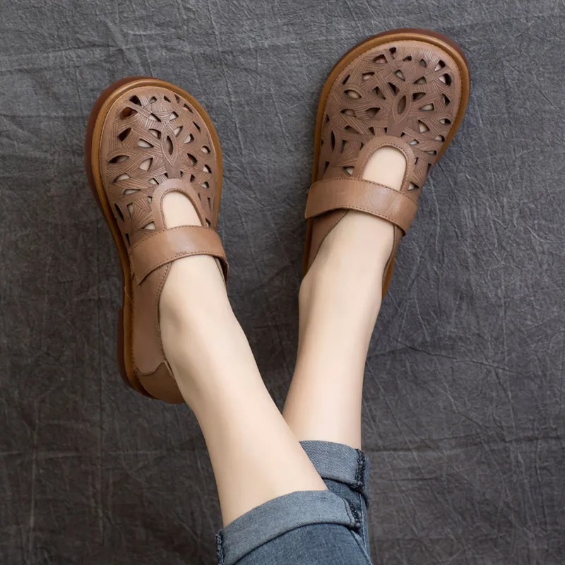 

Women Flats Leather Summer Shoes Embroidery Low Heel Khaki Mary Jane Flats Women Soft Genuine Leather Spring Shoe Women Handmade