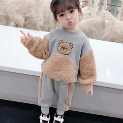Menina conjunto mais velo 2021 tendência retalhos urso padrão o pescoço engrossar meninos meninas moletom + calças calor bebê ternos de duas peças