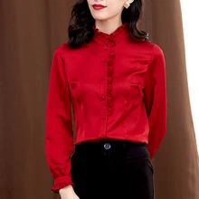 Solid color ruffled soft smooth satin shirts women 2020 spring summer new long-sleeved wild casual office OL shirts blouses tops