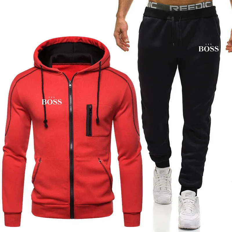 

Zipper Tracksuit Men Set Sporting 2 Pieces Sweatsuit Men Clothes Yes Boss Printed Hoodies Jacket Pants Track Suits Male Hooded