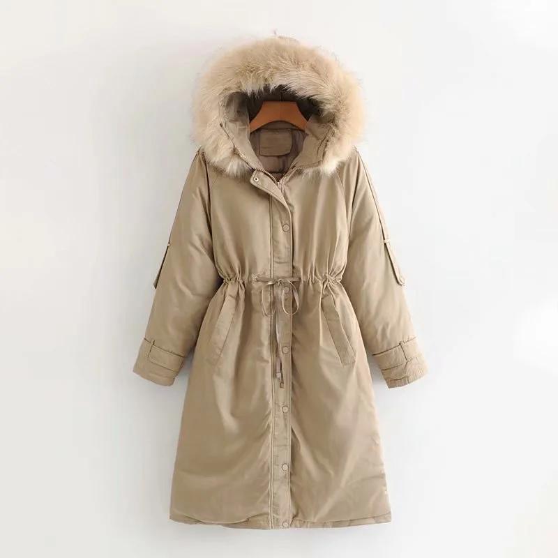 

F6277-Korean-style WOMEN'S Wear 2019 Autumn & Winter New Style Long Fur Collar Drawstring over-the-Knee Cotton Overcoat Women's
