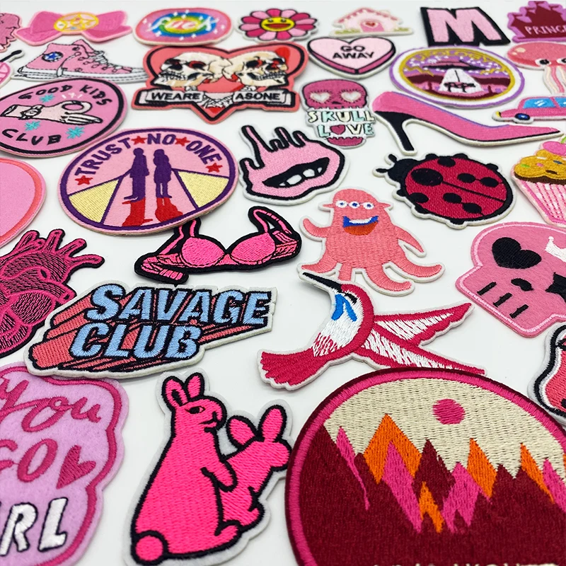 

Pink Embroidery Patches for T-shirt High heels flower devil fish heart Iron on Stripes Appliques Clothes Stickers Badges