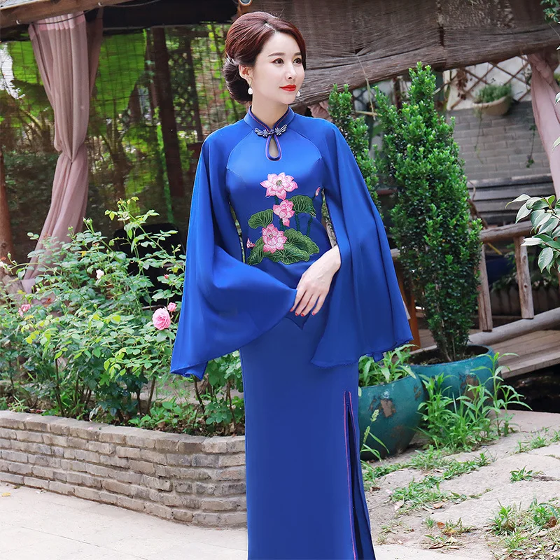 Женское облегающее длинное платье с вышивкой Cheongsam, элегантное платье для выступлений на сцене, сексуальное платье с высоким разрезом, китайское женское платье размера плюс 4XL 5XL, Qipao