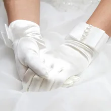 Retro Satin Beige Female Wedding Wrist Finger Gloves with Pearl for Women Lady Short Marriage Accessories for Bridal
