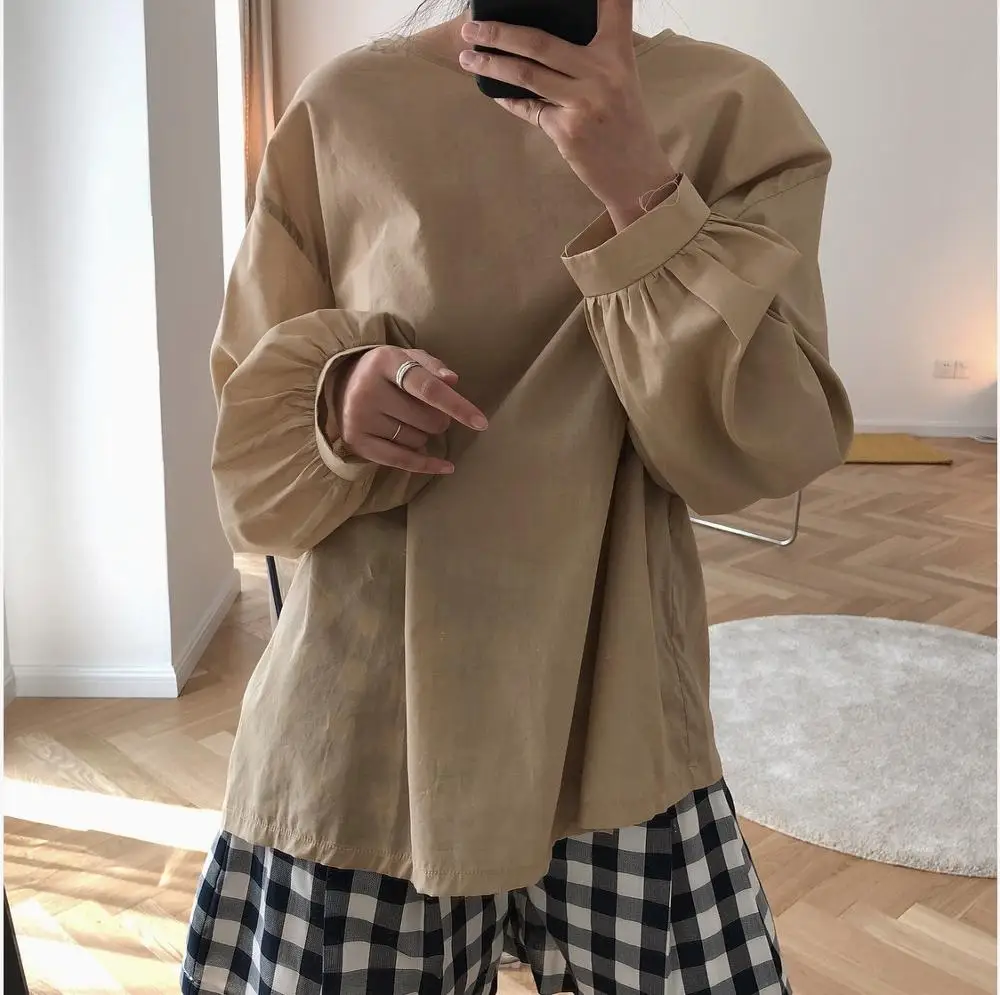 Korean  Women Blouse and Shirt 2019 New Autum Long Lartin  Sleeve O-Neck  Solid Loose Top And Shirt