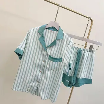 

Herislim Women's Pajamas Set 2 Pieces Silk Striped Pajamas Suit Cute Pijama Nightwear Summer Short Sleeve Sleepwear Homewear