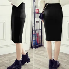 Осень зима женские трикотажные юбки карандаш стрейч Высокая талия длиной до колена тонкий офис леди Bodycon длинная юбка C66
