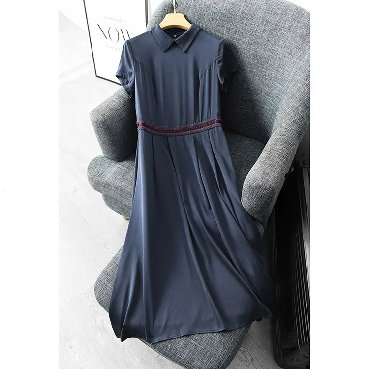 

Women Summer 92% Natural Silk Dress Wine Navy Blue Natural silk dresses Elegant Dress Casual holiday real silk long shirt dress