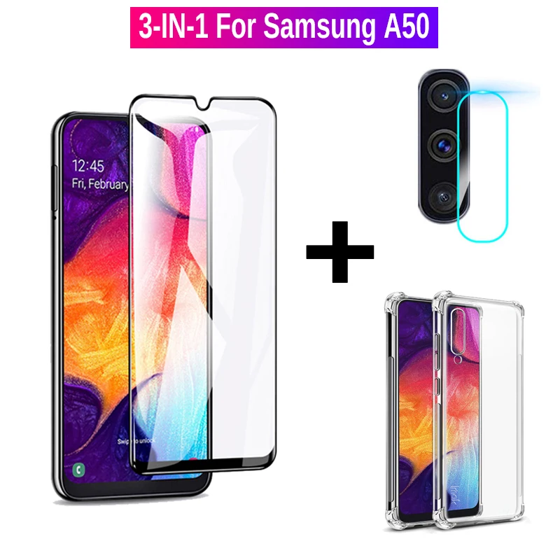 3 в 1 Защитное стекло для камеры Samsung A50 ударопрочный чехол и закаленное Galaxy A 50 SM A505F
