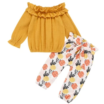 

Toddler Girls Clothing 2pcs Set Ruffle Butterfly Sleeve Off Shoulder Tops And Floral Pants Autumn Girls Outfits For 4 Years D30