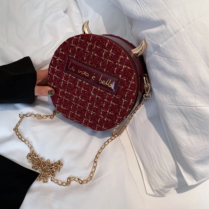 

INS Super Fire Bag Women's 2019 Autumn And Winter New Style Cool Woolen Cloth Small round Bag Textured Chain Knitted Messenger B