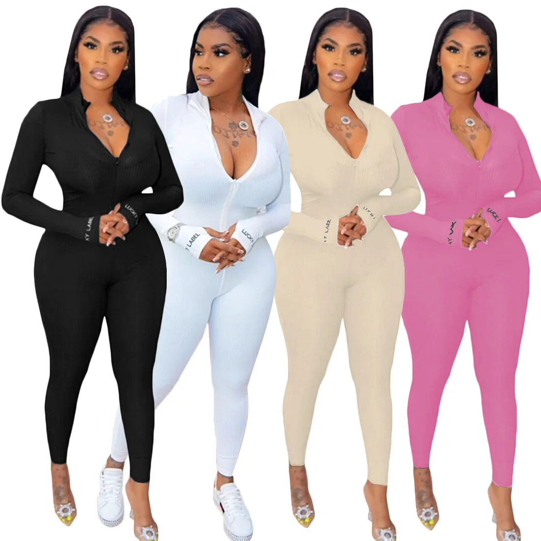 

2020 Autumn Winter Turtleneck Skinny Casual Jumpsuit Long Sleeve Front Zipper Sport Wear Womens Rompers Fitness Overalls