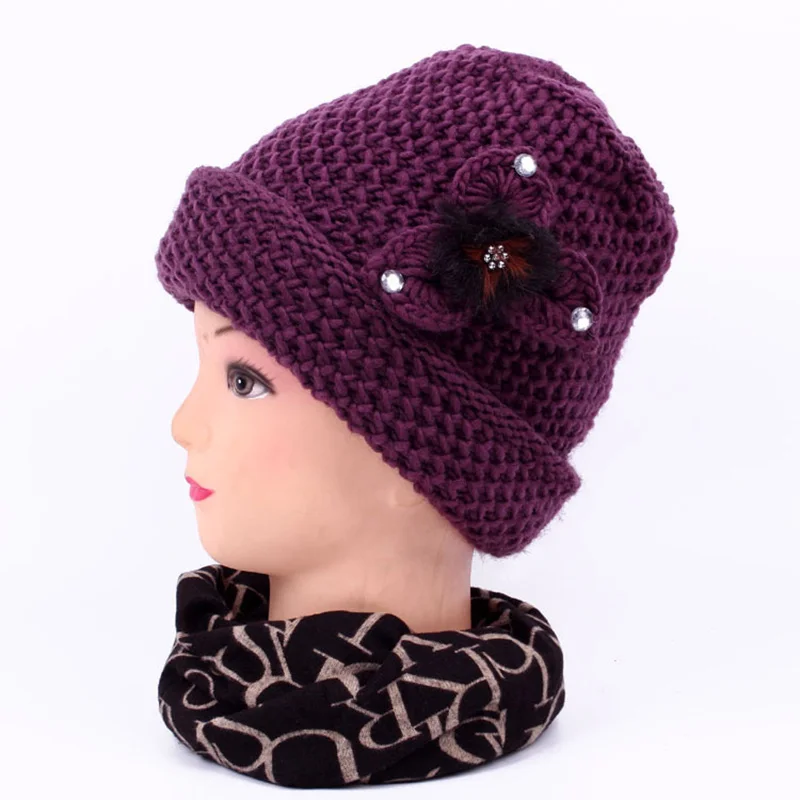 

Winter Women Breathable Mother Flowers Thick Warmer Bonnet Hat Skullies Beanies Stretch Acrylic Knit Warm Flanging Cap W10
