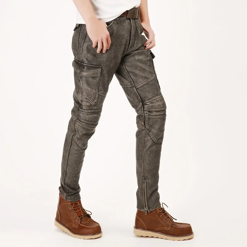 Винтажные коричневые мужские мотоциклетные кожаные брюки американского стиля размера плюс XXXXL из натуральной толстой воловьей кожи зимние байкерские штаны