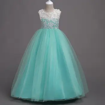 

Korean Style Big Children Simple Lace Tulle Flower Girl Dresses Elegant Back Button Design Patchwork Color Long Sleeveless Gown