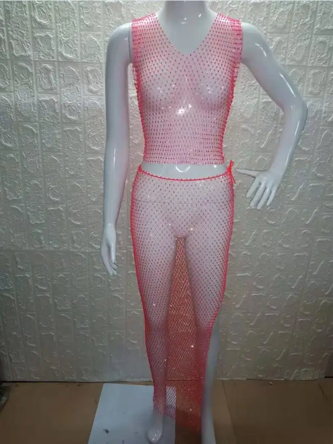 Сексуальное Сетчатое блестящее Сетчатое платье с бриллиантами, женские праздничные вечерние платья, роскошные летние пляжные платья, Новинка - Цвет: Fluorescent red V